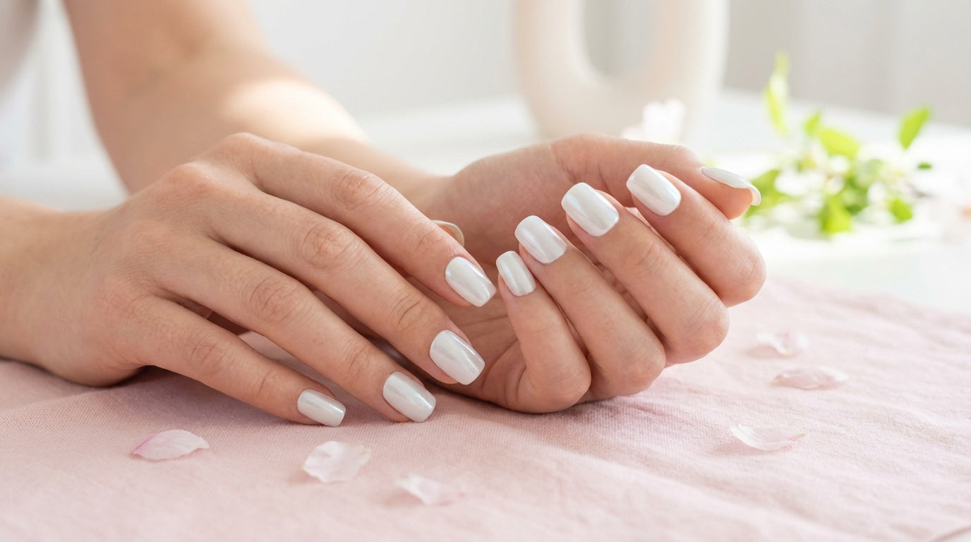 Unghie press-on moon mist azzurro perlato corte