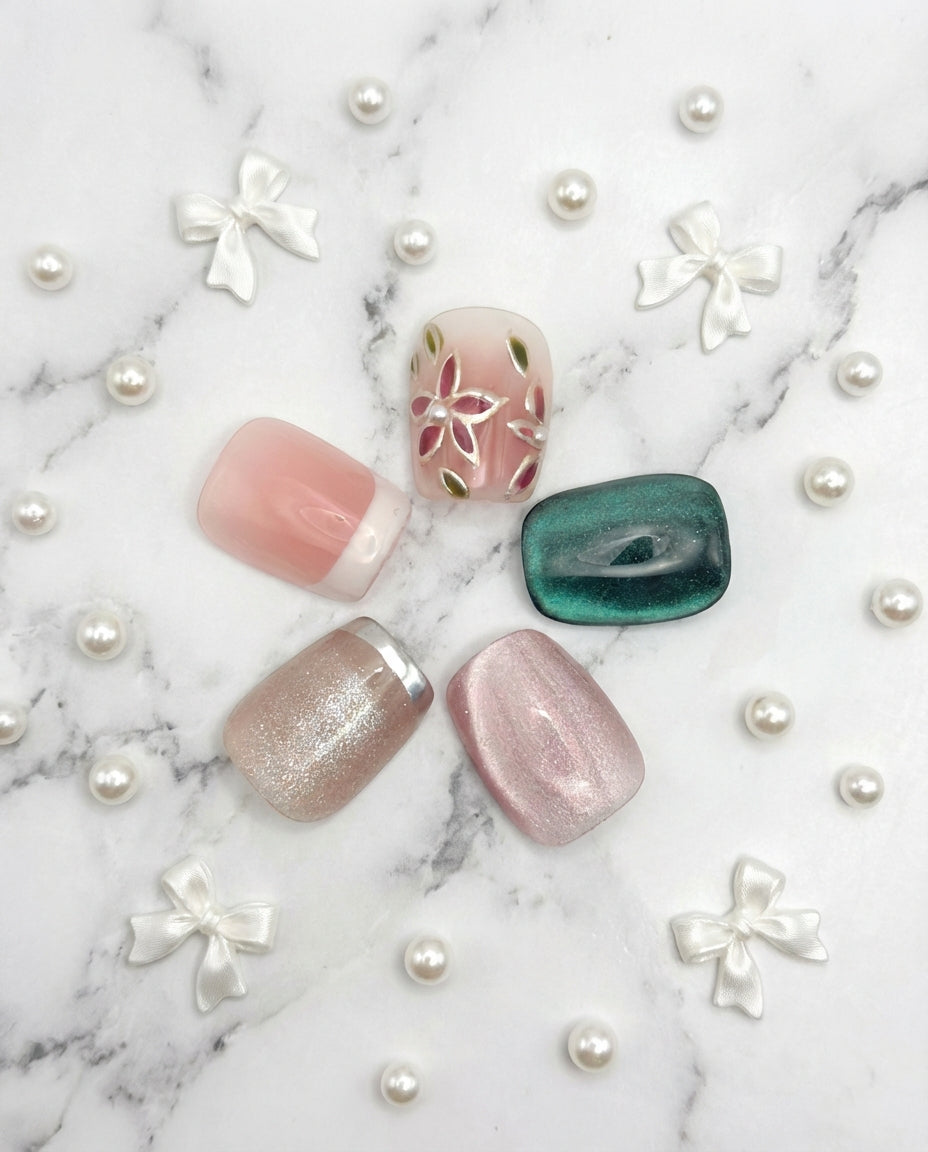 Unghie press on corte colorate, french, occhio di gatto