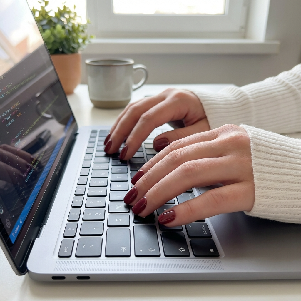 Mani con unghie press-on che scrivono al pc