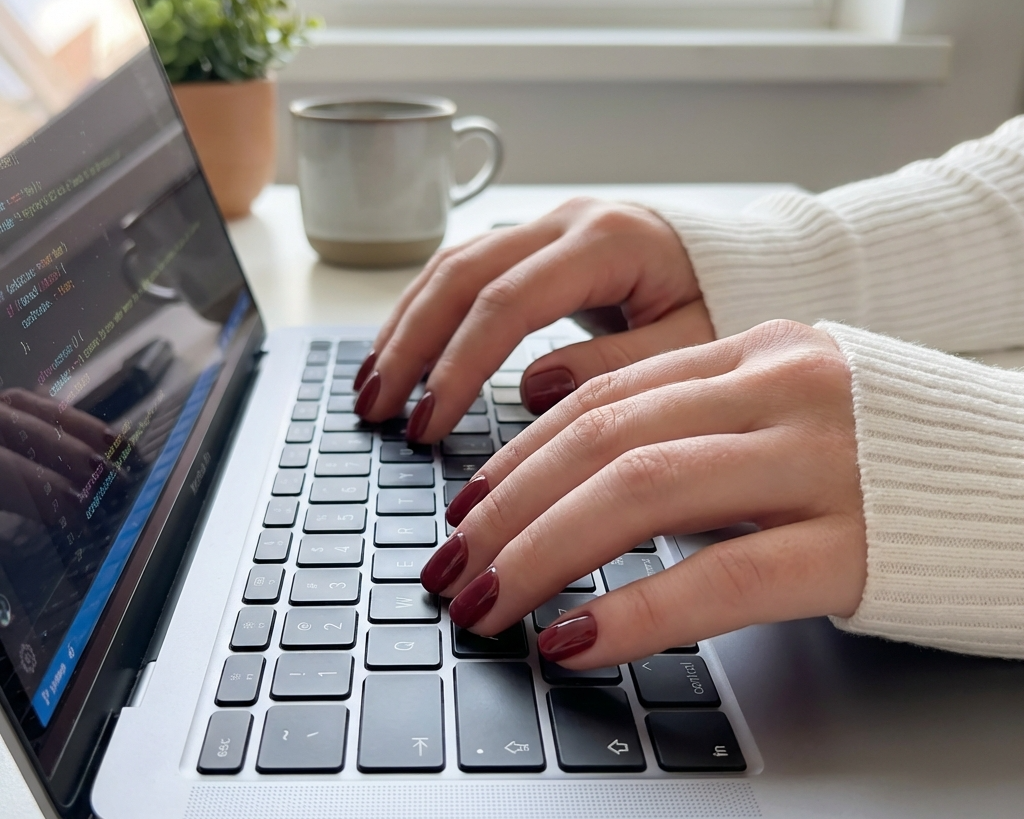 Mani con unghie press-on che scrivono al pc
