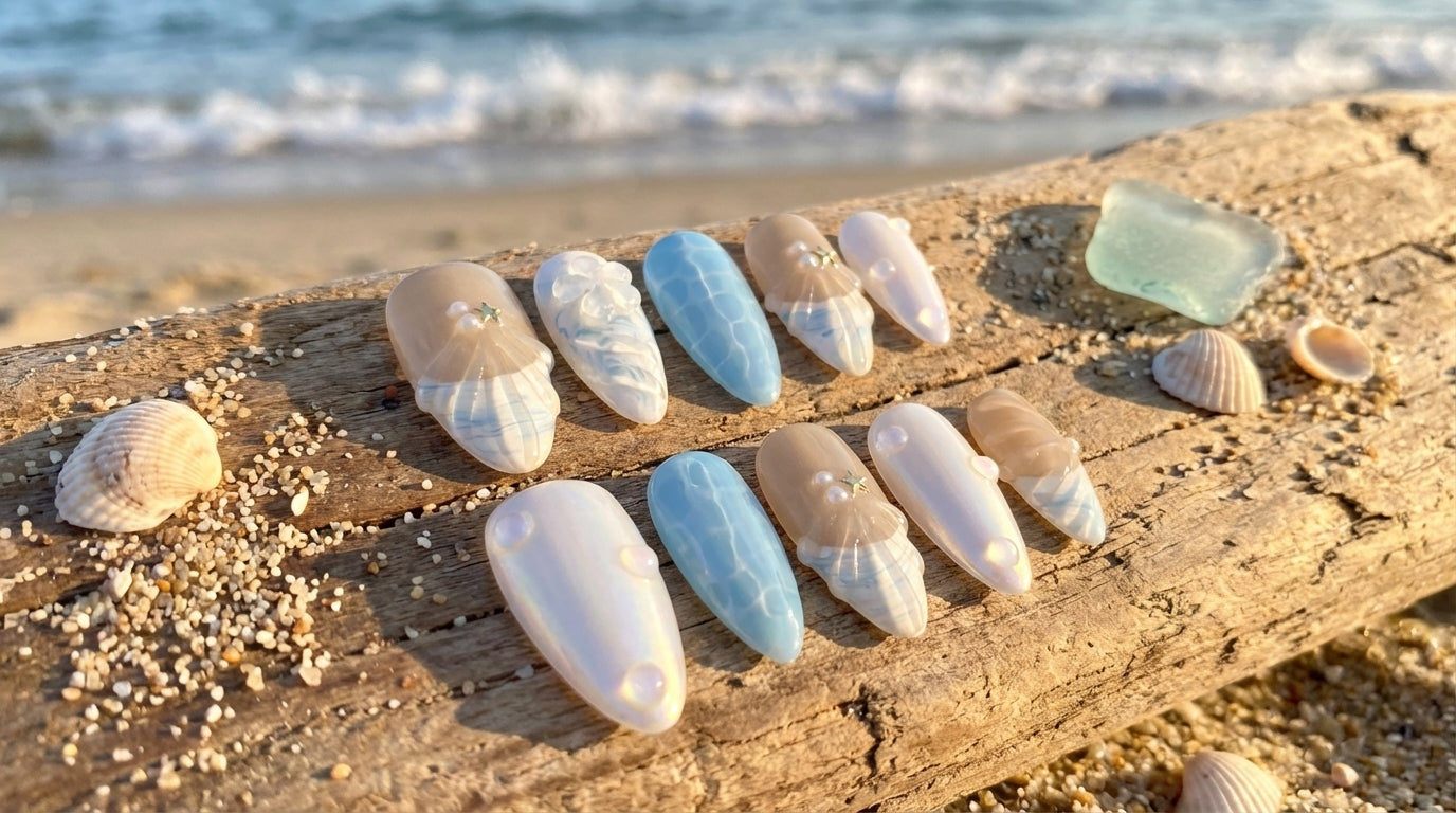 Unghie press-on 3d mare, perlato bianco, azzurro, conchiglia