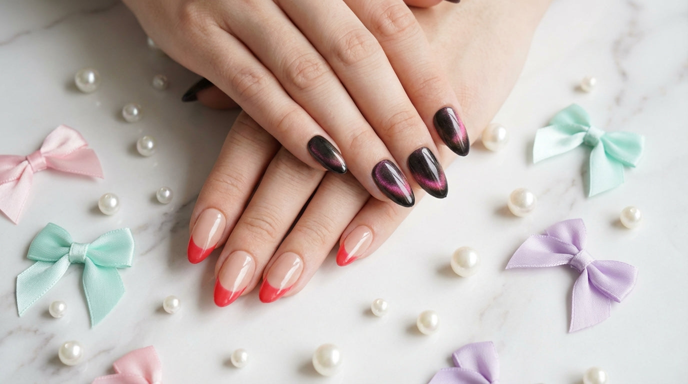 Mani con unghie press on french rosso e occhio di gatto nero