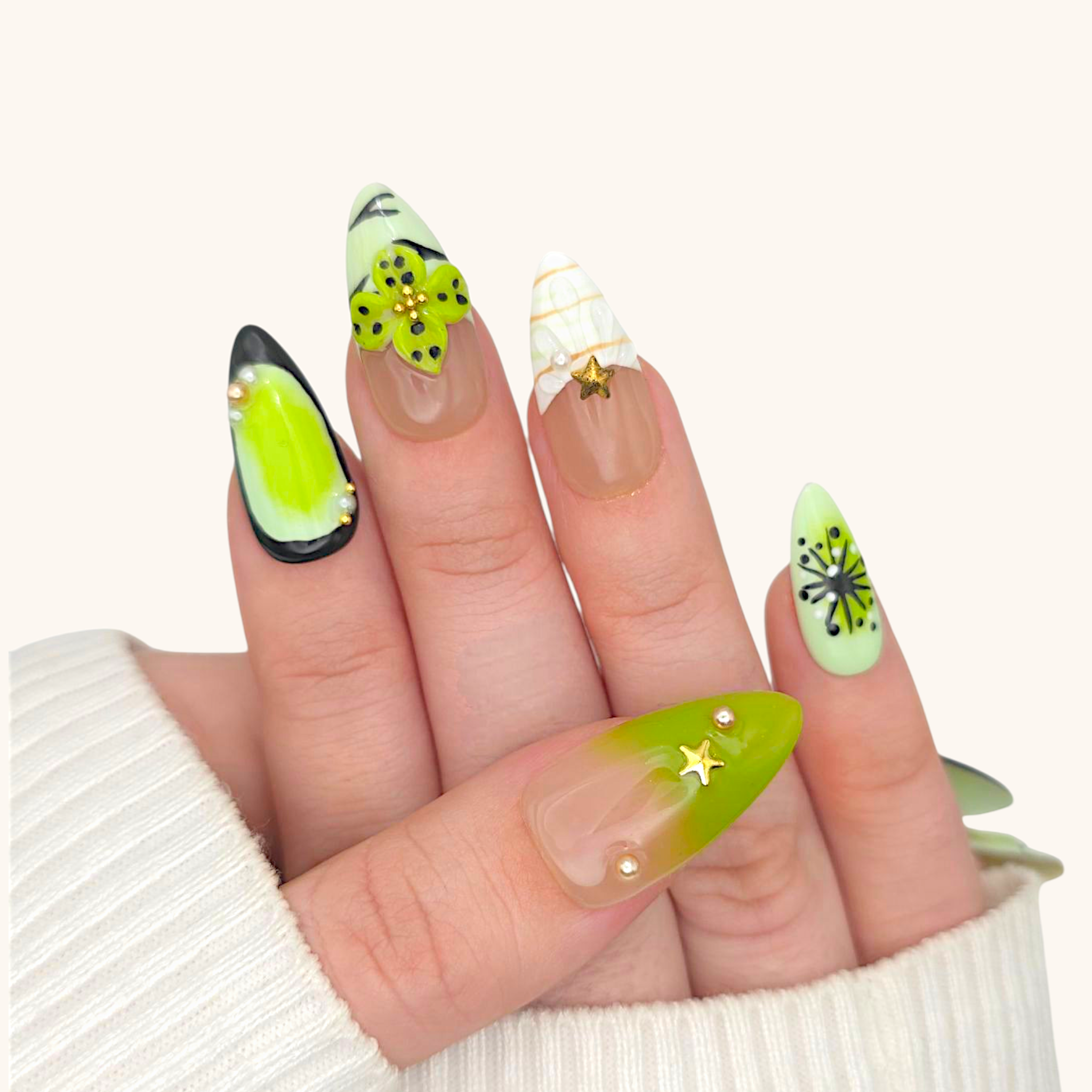 Press-on nails almond y2k green 3d charms