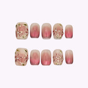 Unghie press on french sfumato rosa e fiori oro