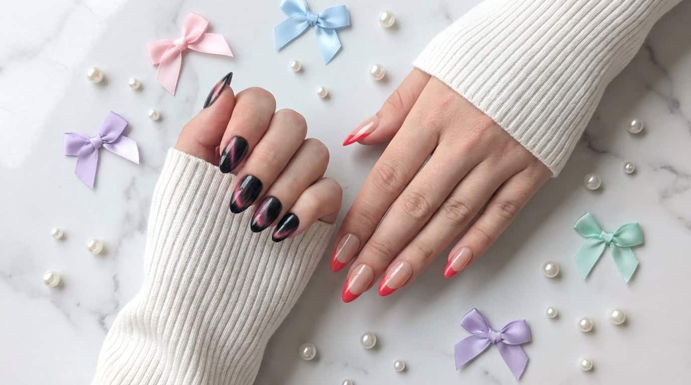 Unghie press on mardorla corta nere e rosa, french rosso 