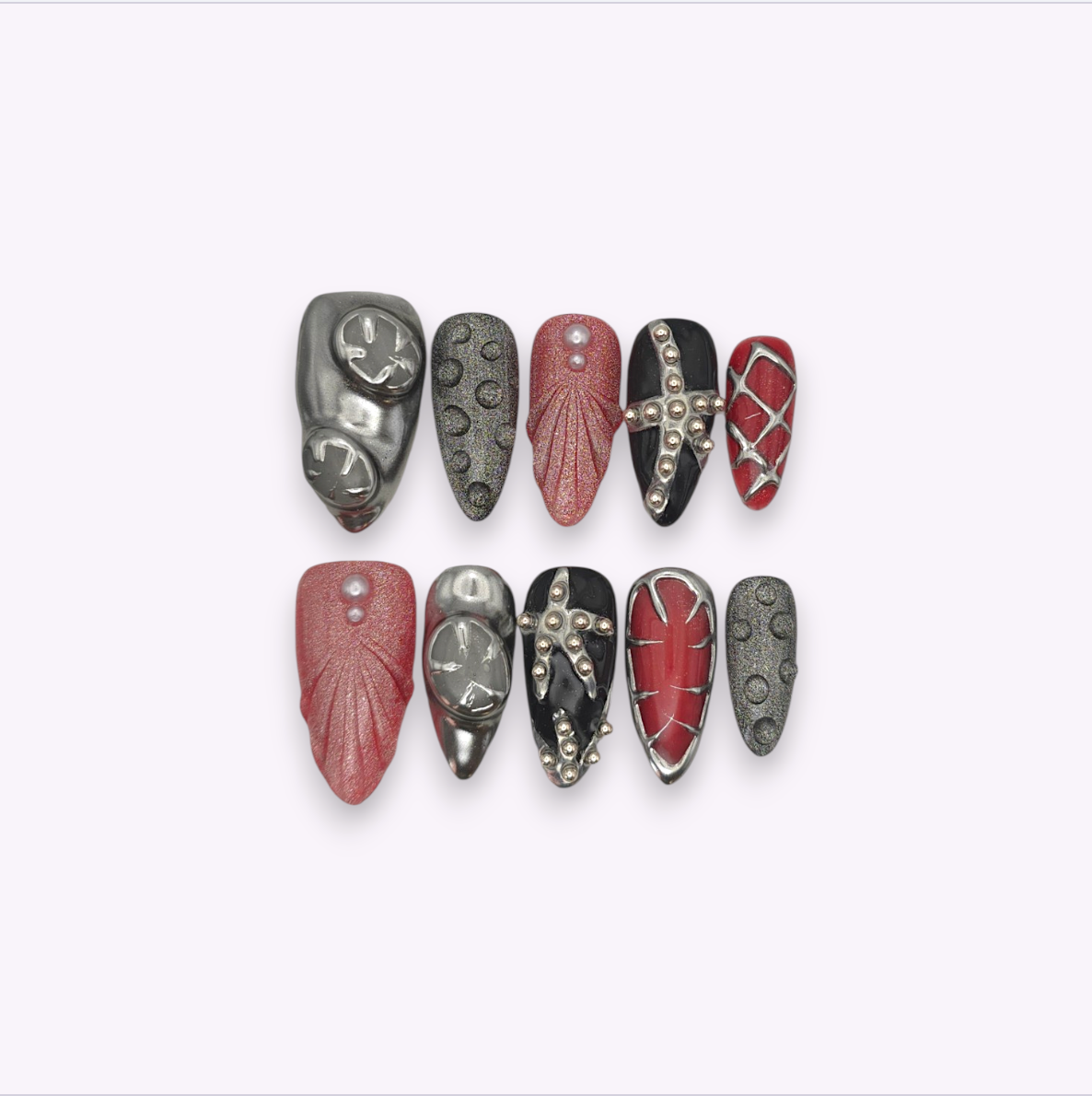 Unghie press-on y2k rosso, nero, argento. Press-on nails mandorla lunga