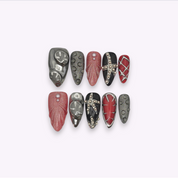 Unghie press-on y2k rosso, nero, argento. Press-on nails mandorla lunga