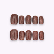 Press on nails corte marrone con glitter oro