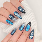 Unghie press on mandorla lunga blu e argento