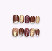 Unghie press on rosso glitterato, oro glitter