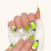 Press-on nails almond y2k green 3d charms