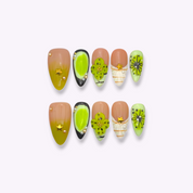 Press-on nails almond y2k green 3d charms